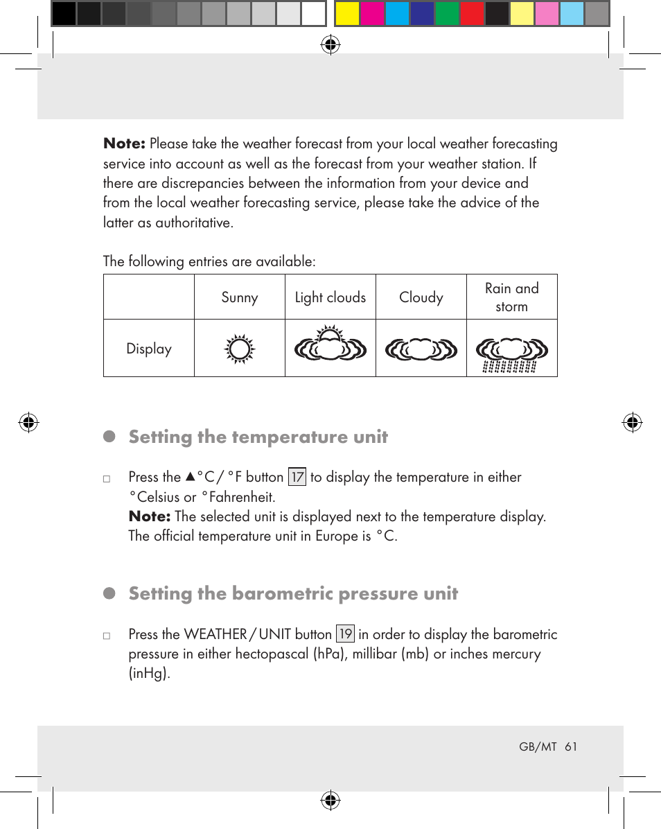 Setting the temperature unit, Setting the barometric pressure unit | Auriol Z31163 User Manual | Page 61 / 80