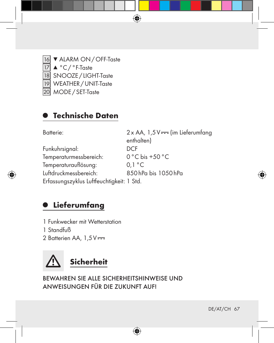 Technische daten, Lieferumfang, Sicherheit | Auriol Z31163 User Manual | Page 67 / 80