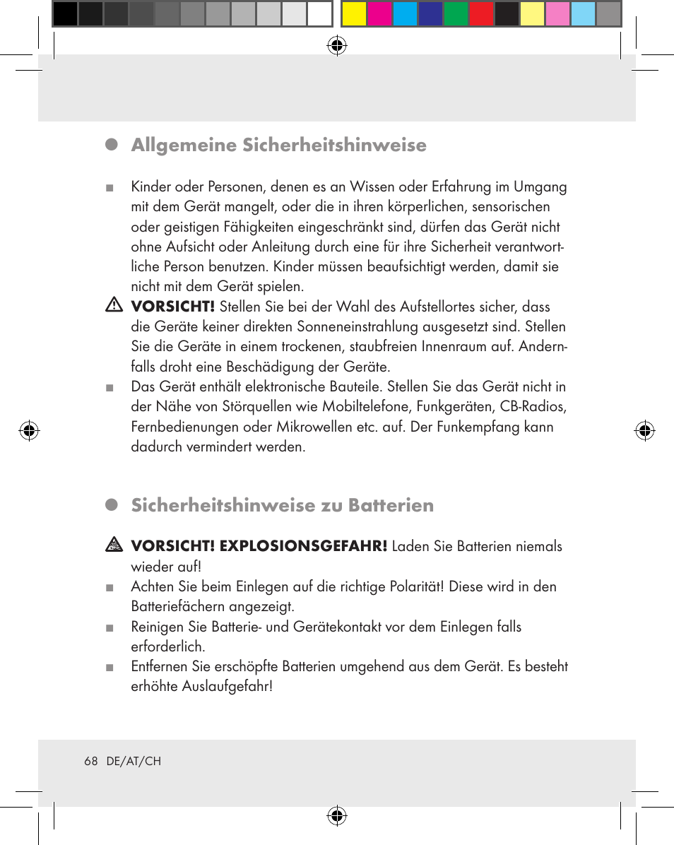 Allgemeine sicherheitshinweise, Sicherheitshinweise zu batterien | Auriol Z31163 User Manual | Page 68 / 80