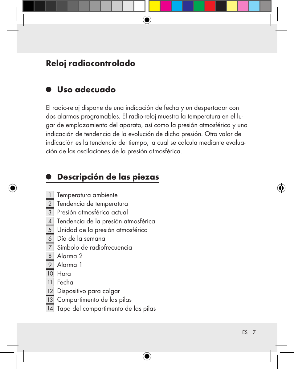 Reloj radiocontrolado uso adecuado, Descripción de las piezas | Auriol Z31163 User Manual | Page 7 / 80