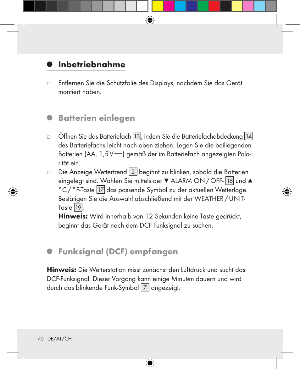 Inbetriebnahme, Batterien einlegen, Funksignal (dcf) empfangen | Auriol Z31163 User Manual | Page 70 / 80