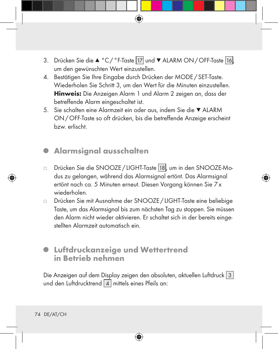 Alarmsignal ausschalten, Luftdruckanzeige und wettertrend in betrieb nehmen | Auriol Z31163 User Manual | Page 74 / 80