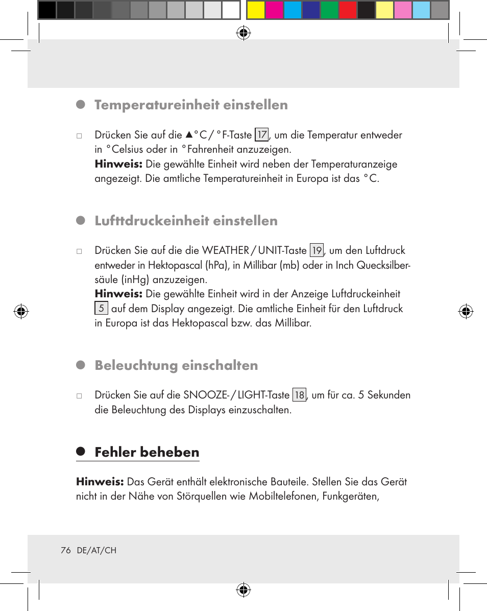 Temperatureinheit einstellen, Lufttdruckeinheit einstellen, Beleuchtung einschalten | Fehler beheben | Auriol Z31163 User Manual | Page 76 / 80