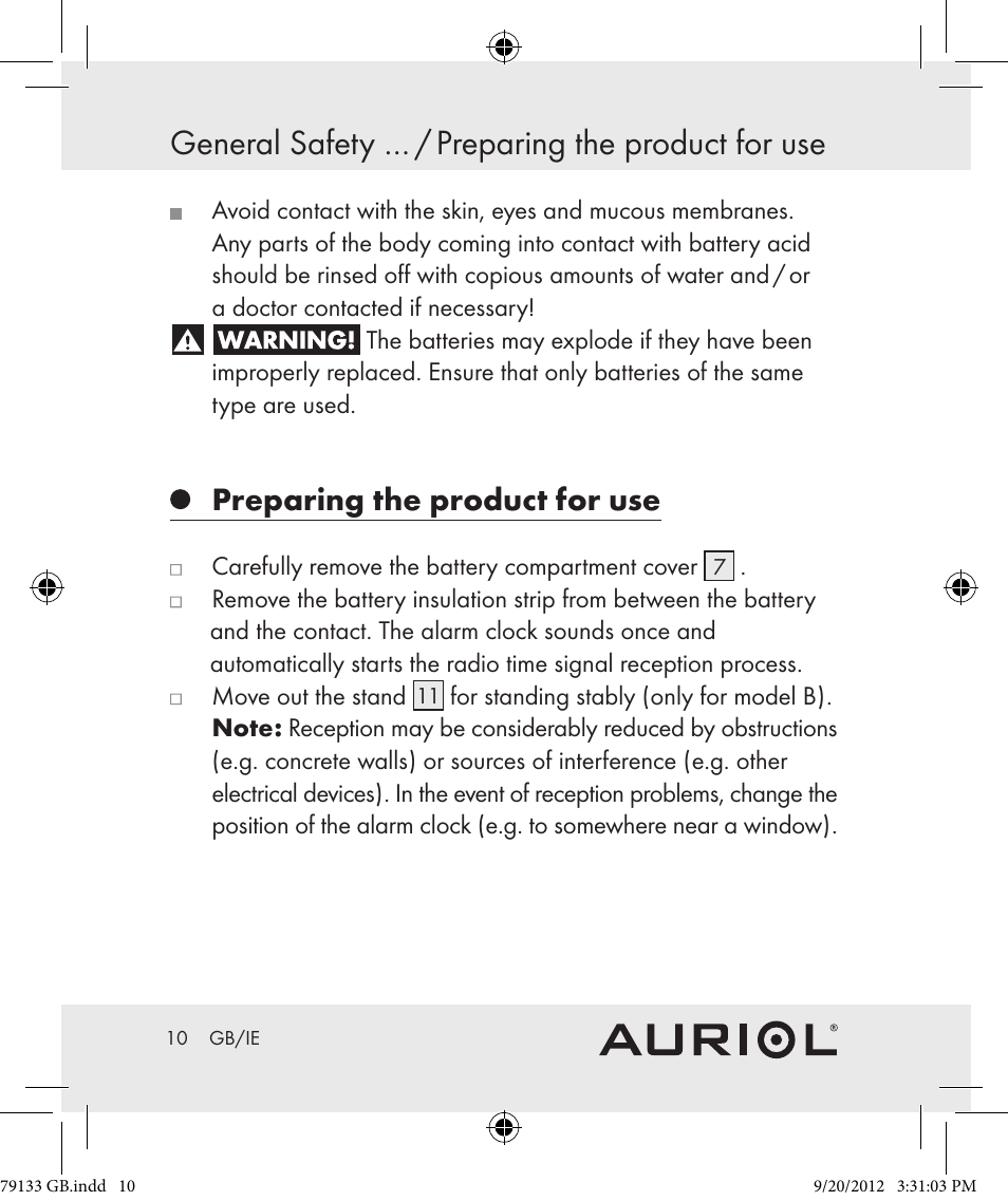 General safety … / preparing the product for use, Preparing the product for use | Auriol Z30239 User Manual | Page 10 / 17