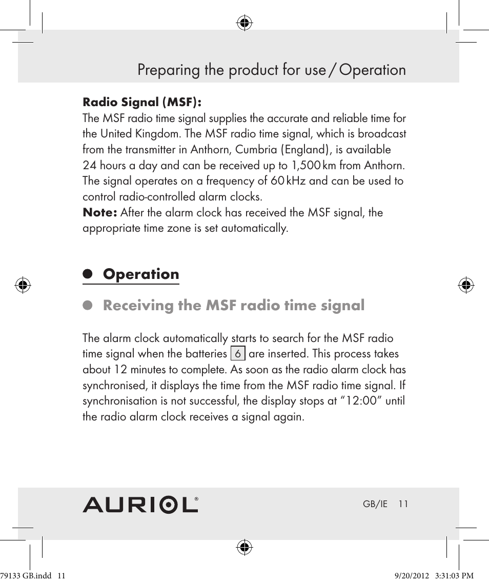 Preparing the product for use / operation, Operation receiving the msf radio time signal | Auriol Z30239 User Manual | Page 11 / 17