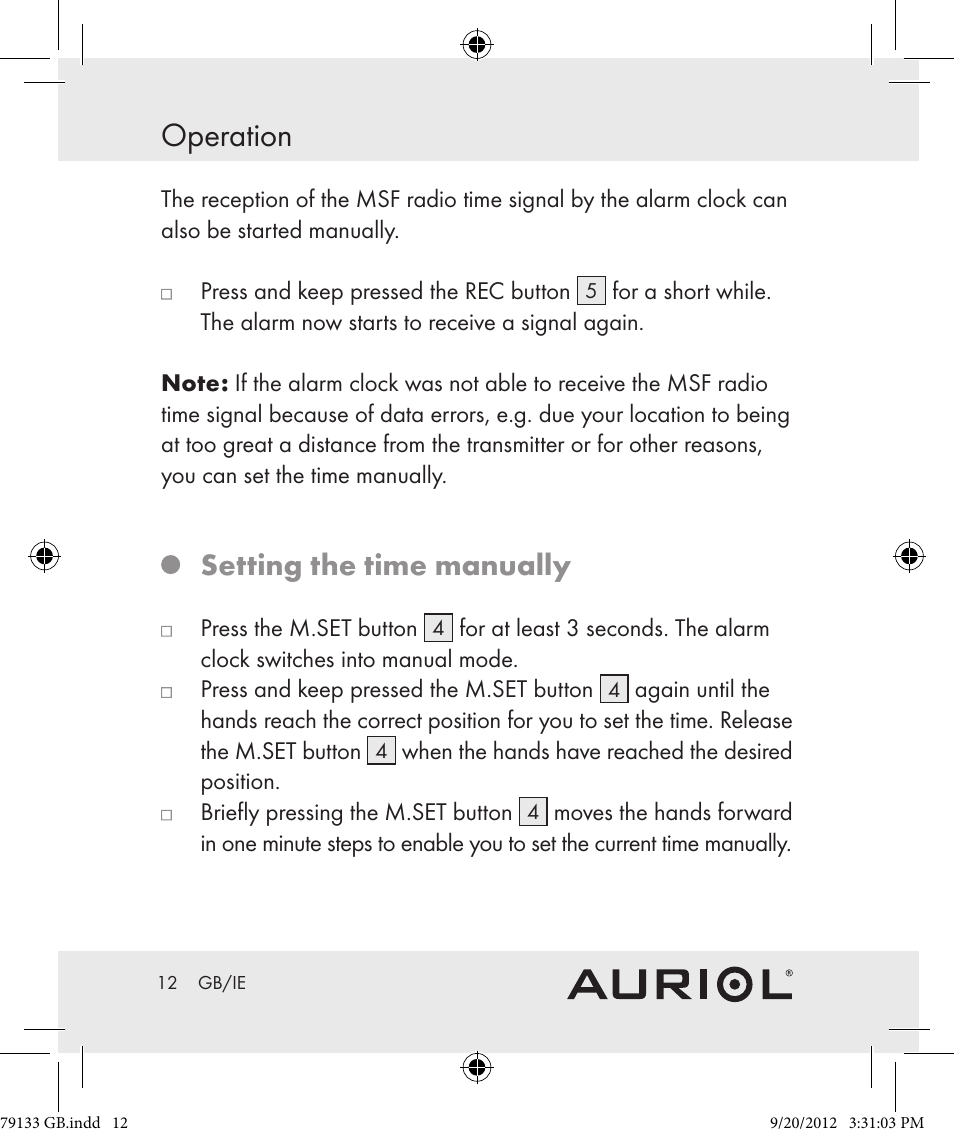 Operation, Setting the time manually | Auriol Z30239 User Manual | Page 12 / 17