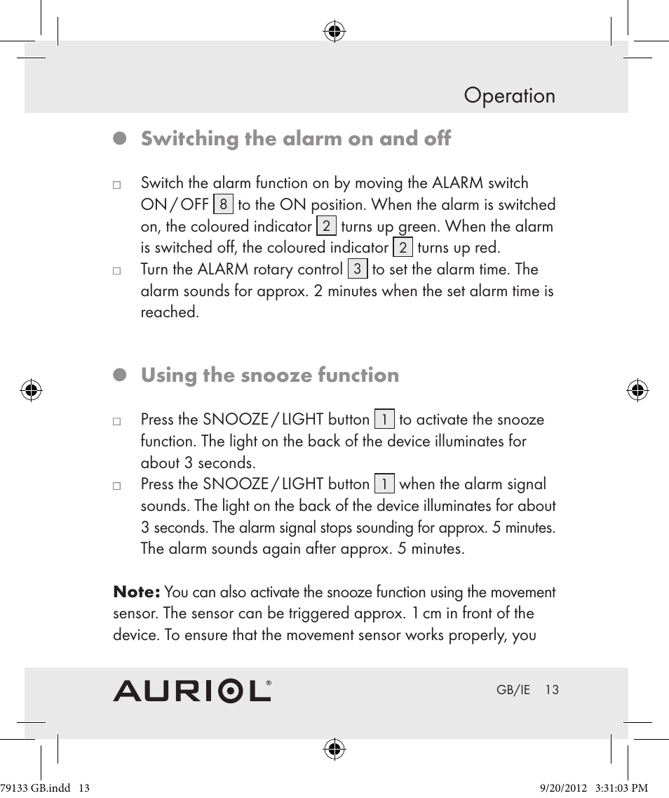 Operation, Switching the alarm on and off, Using the snooze function | Auriol Z30239 User Manual | Page 13 / 17