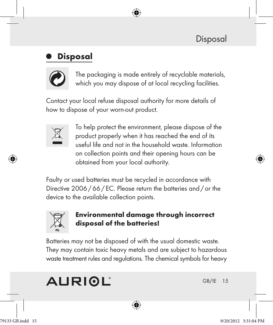 Disposal | Auriol Z30239 User Manual | Page 15 / 17