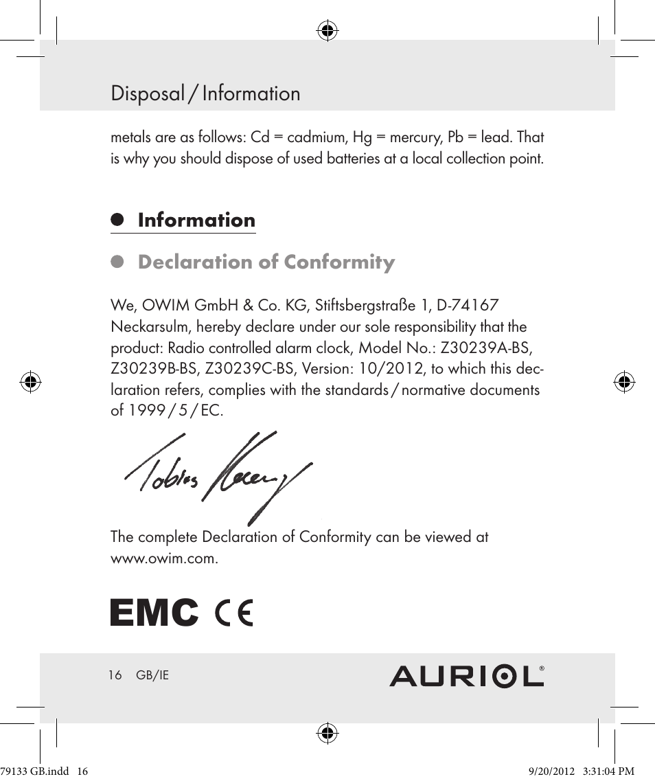 Disposal / information, Information declaration of conformity | Auriol Z30239 User Manual | Page 16 / 17