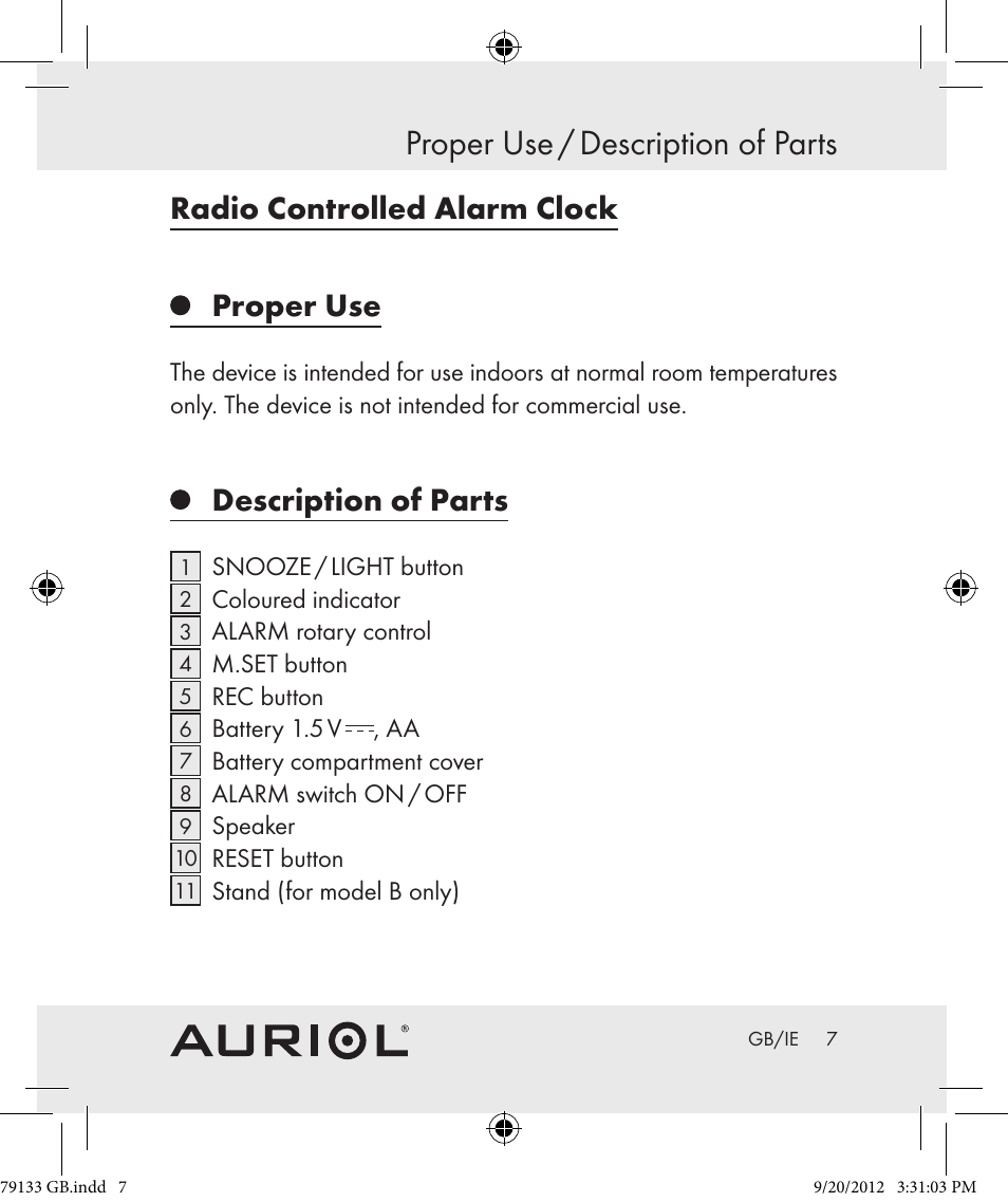 Proper use / description of parts, Radio controlled alarm clock proper use, Description of parts | Auriol Z30239 User Manual | Page 7 / 17