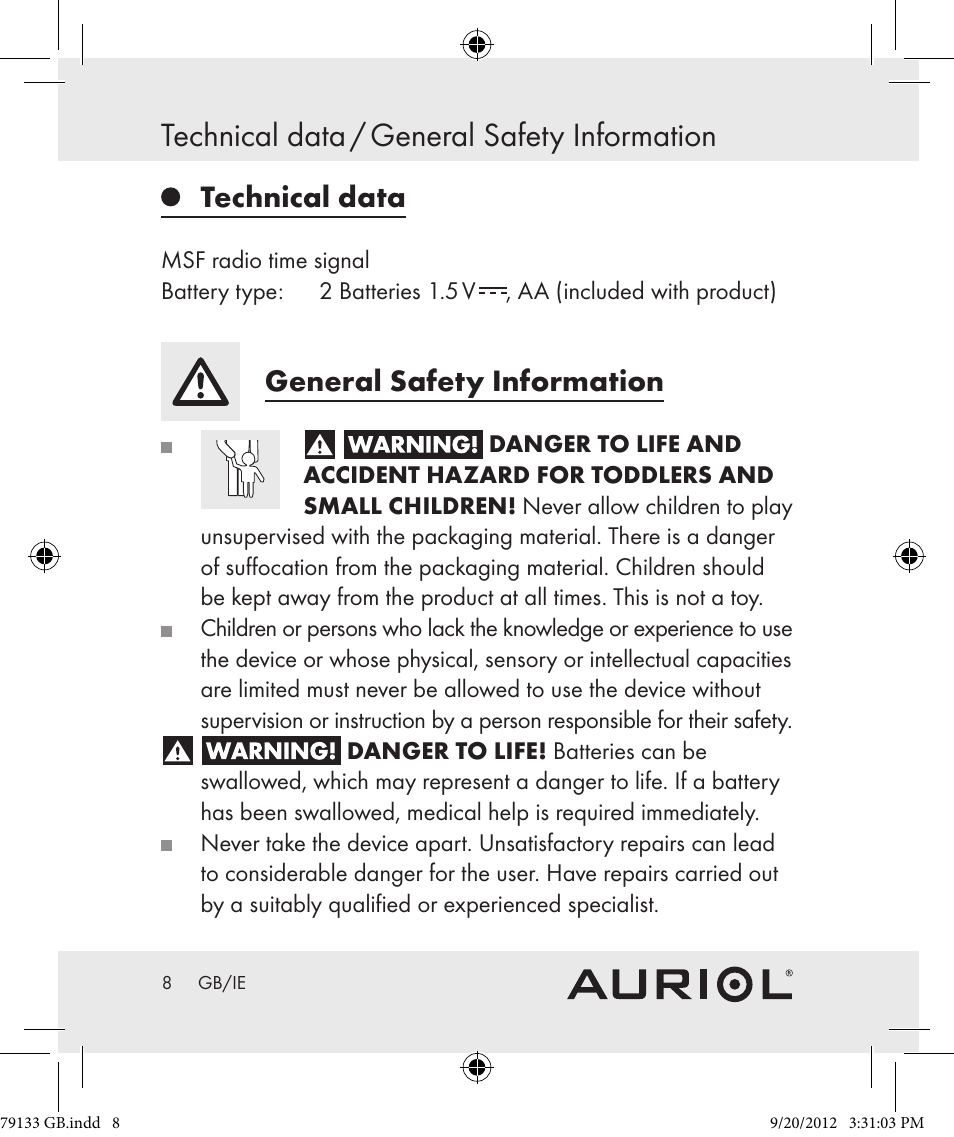 Technical data / general safety information, Technical data, General safety information | Auriol Z30239 User Manual | Page 8 / 17