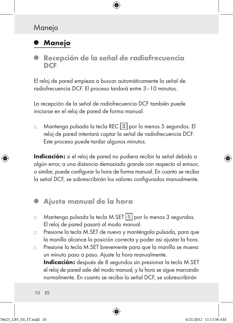 Manejo, Recepción de la señal de radiofrecuencia dcf, Ajuste manual de la hora | Auriol Z29955A User Manual | Page 10 / 51