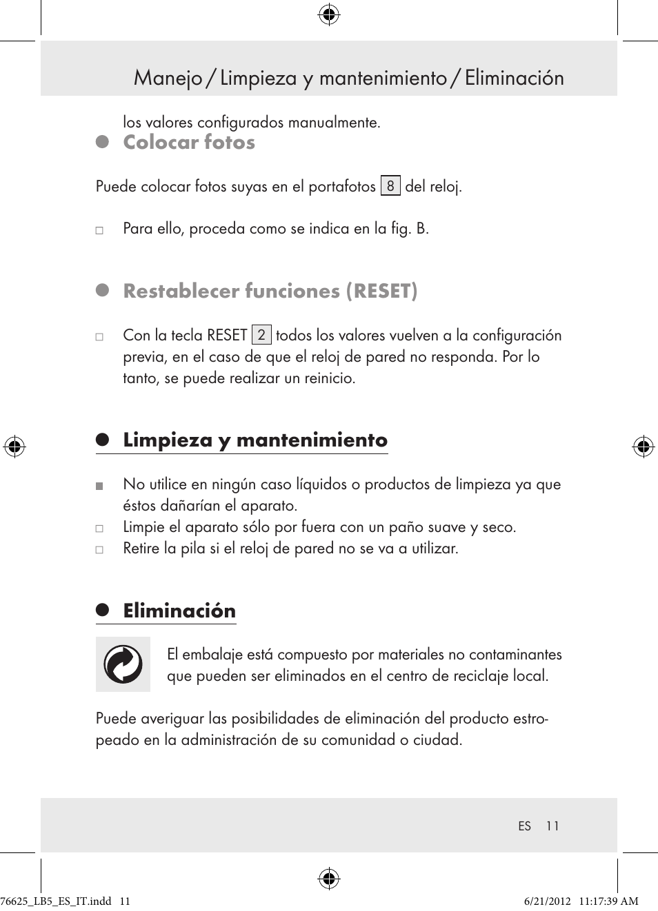 Manejo / limpieza y mantenimiento / eliminación, Colocar fotos, Restablecer funciones (reset) | Limpieza y mantenimiento, Eliminación | Auriol Z29955A User Manual | Page 11 / 51