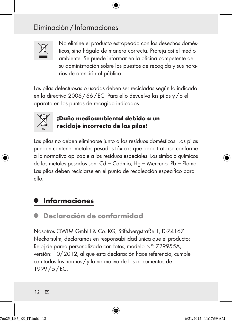 Eliminación / informaciones, Informaciones, Declaración de conformidad | Auriol Z29955A User Manual | Page 12 / 51