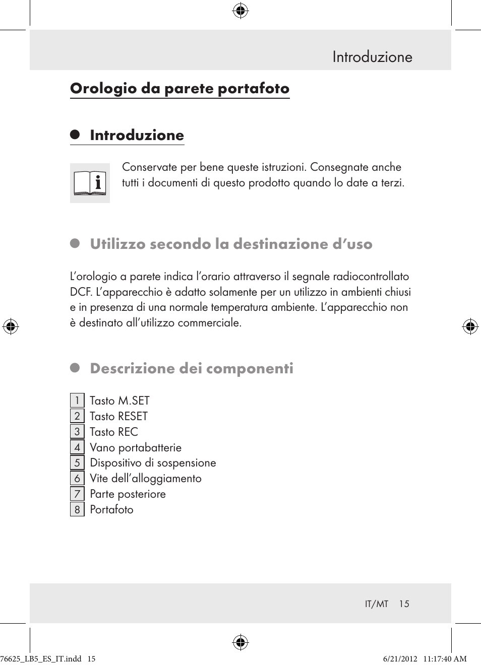 Introduzione, Orologio da parete portafoto, Utilizzo secondo la destinazione d’uso | Descrizione dei componenti | Auriol Z29955A User Manual | Page 15 / 51