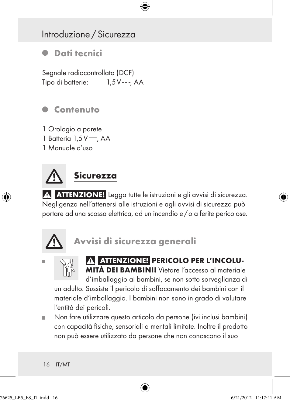 Introduzione / sicurezza, Dati tecnici, Contenuto | Sicurezza, Avvisi di sicurezza generali | Auriol Z29955A User Manual | Page 16 / 51