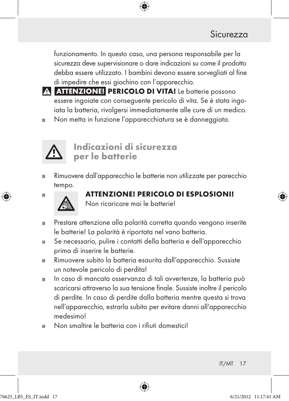 Sicurezza, Indicazioni di sicurezza per le batterie | Auriol Z29955A User Manual | Page 17 / 51