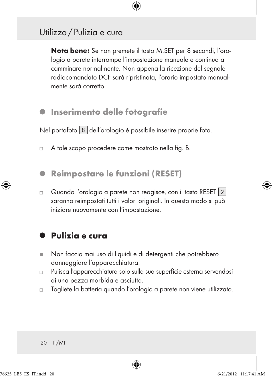 Utilizzo / pulizia e cura, Inserimento delle fotografie, Reimpostare le funzioni (reset) | Pulizia e cura | Auriol Z29955A User Manual | Page 20 / 51