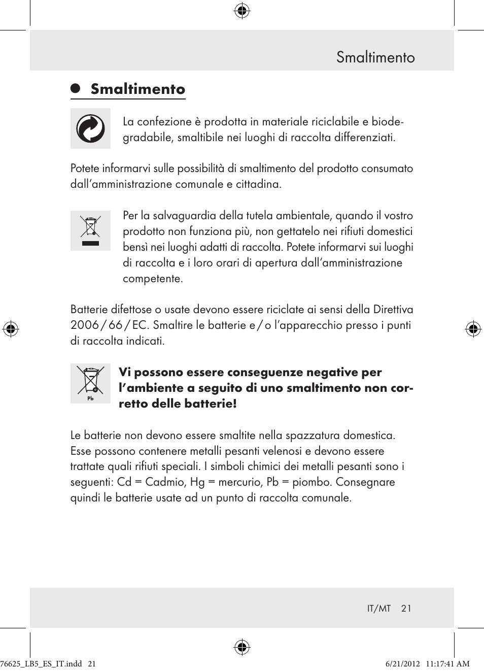 Smaltimento | Auriol Z29955A User Manual | Page 21 / 51