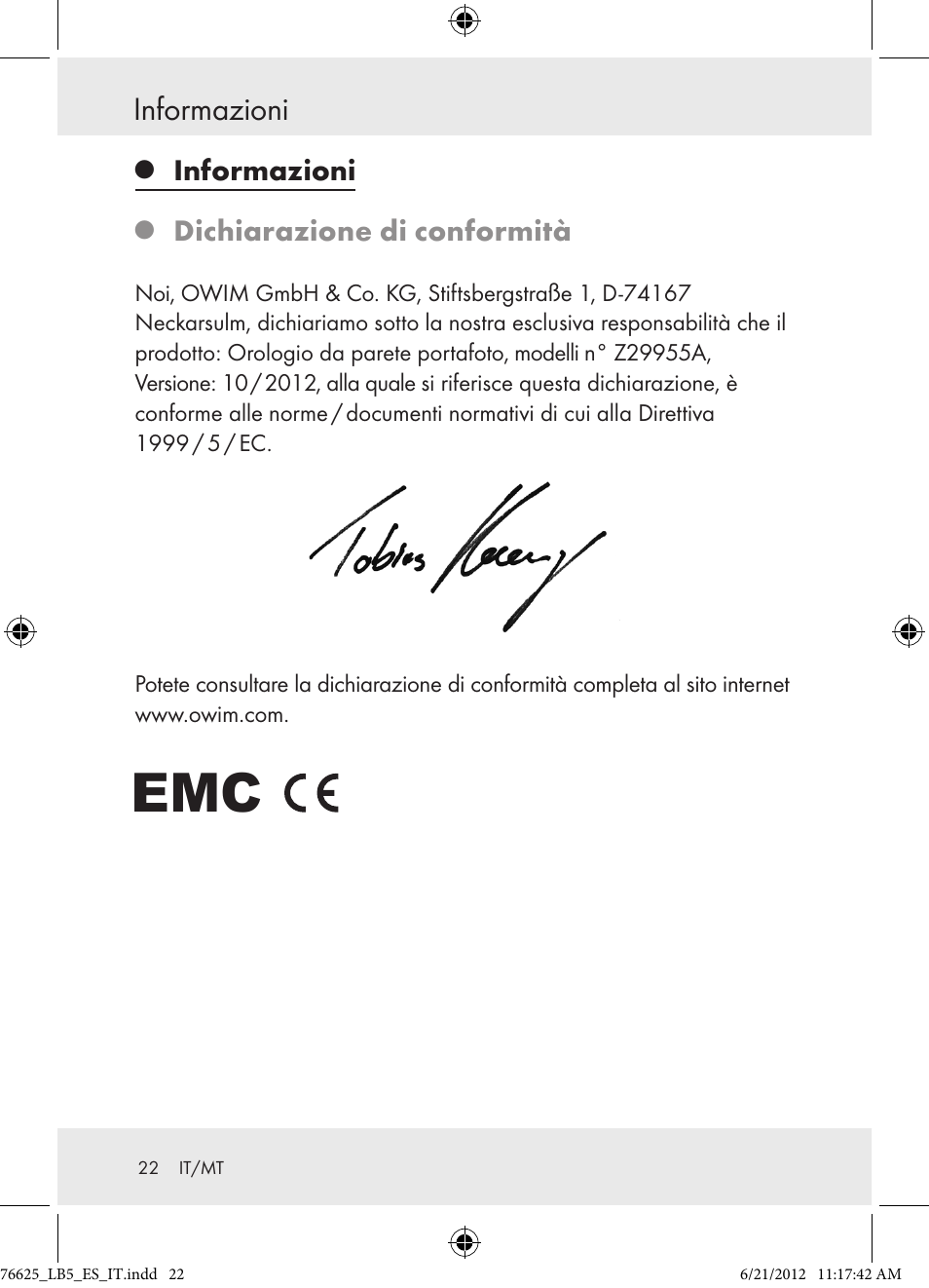 Informazioni, Dichiarazione di conformità | Auriol Z29955A User Manual | Page 22 / 51