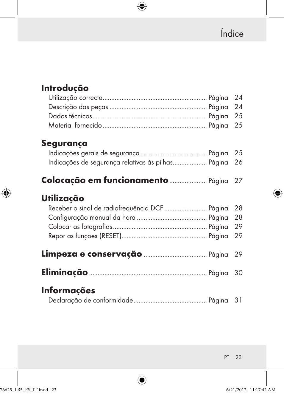 Índice, Introdução, Segurança | Colocação em funcionamento, Utilização, Limpeza e conservação, Eliminação, Informações | Auriol Z29955A User Manual | Page 23 / 51