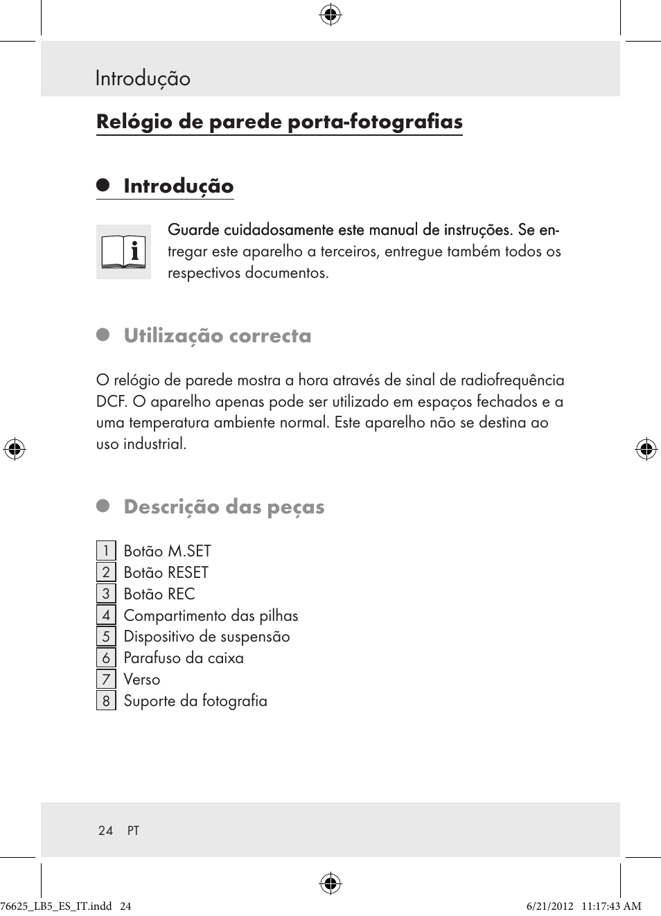 Introdução, Relógio de parede porta-fotografias, Utilização correcta | Descrição das peças | Auriol Z29955A User Manual | Page 24 / 51