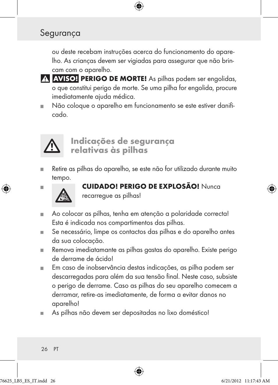 Segurança, Indicações de segurança relativas às pilhas | Auriol Z29955A User Manual | Page 26 / 51