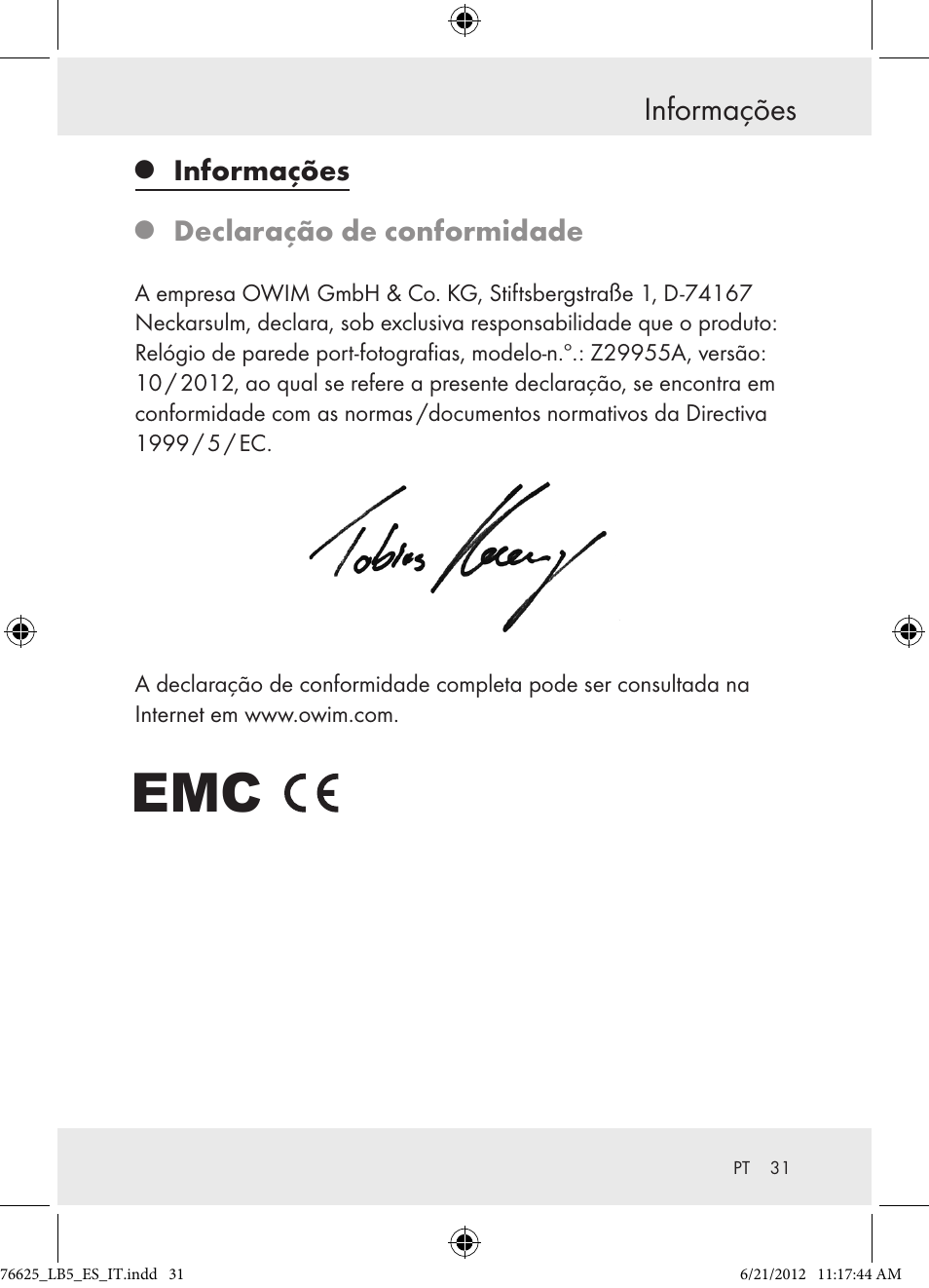 Informações, Declaração de conformidade | Auriol Z29955A User Manual | Page 31 / 51