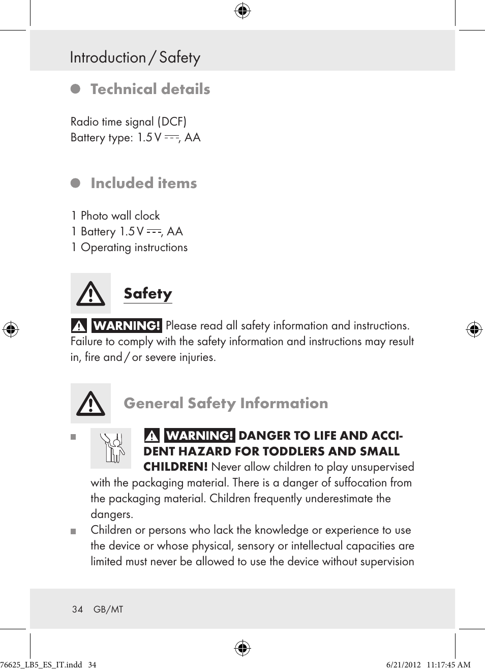 Introduction / safety, Technical details, Included items | Safety, General safety information | Auriol Z29955A User Manual | Page 34 / 51