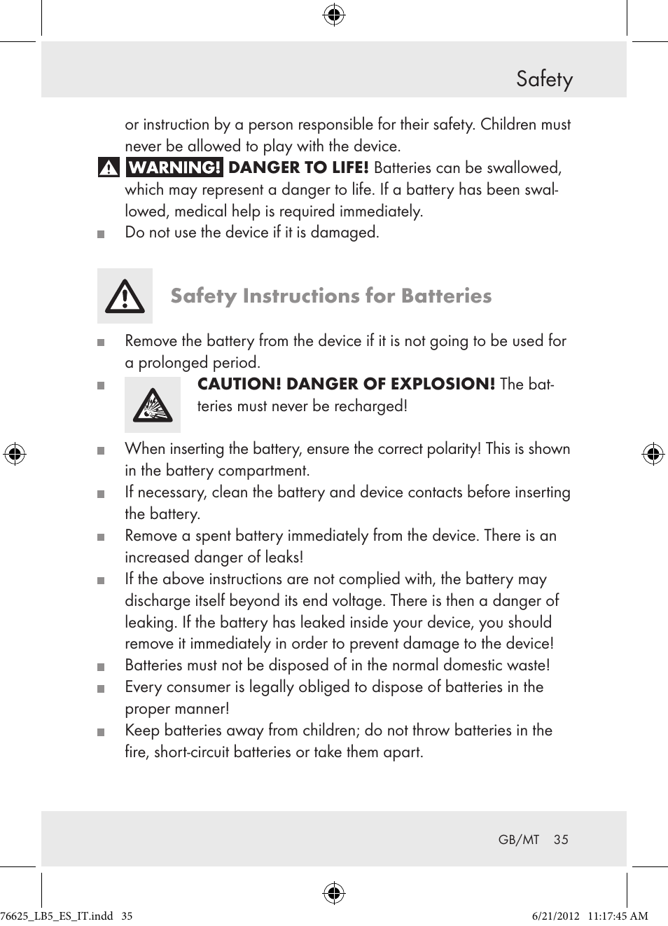 Safety, Safety instructions for batteries | Auriol Z29955A User Manual | Page 35 / 51