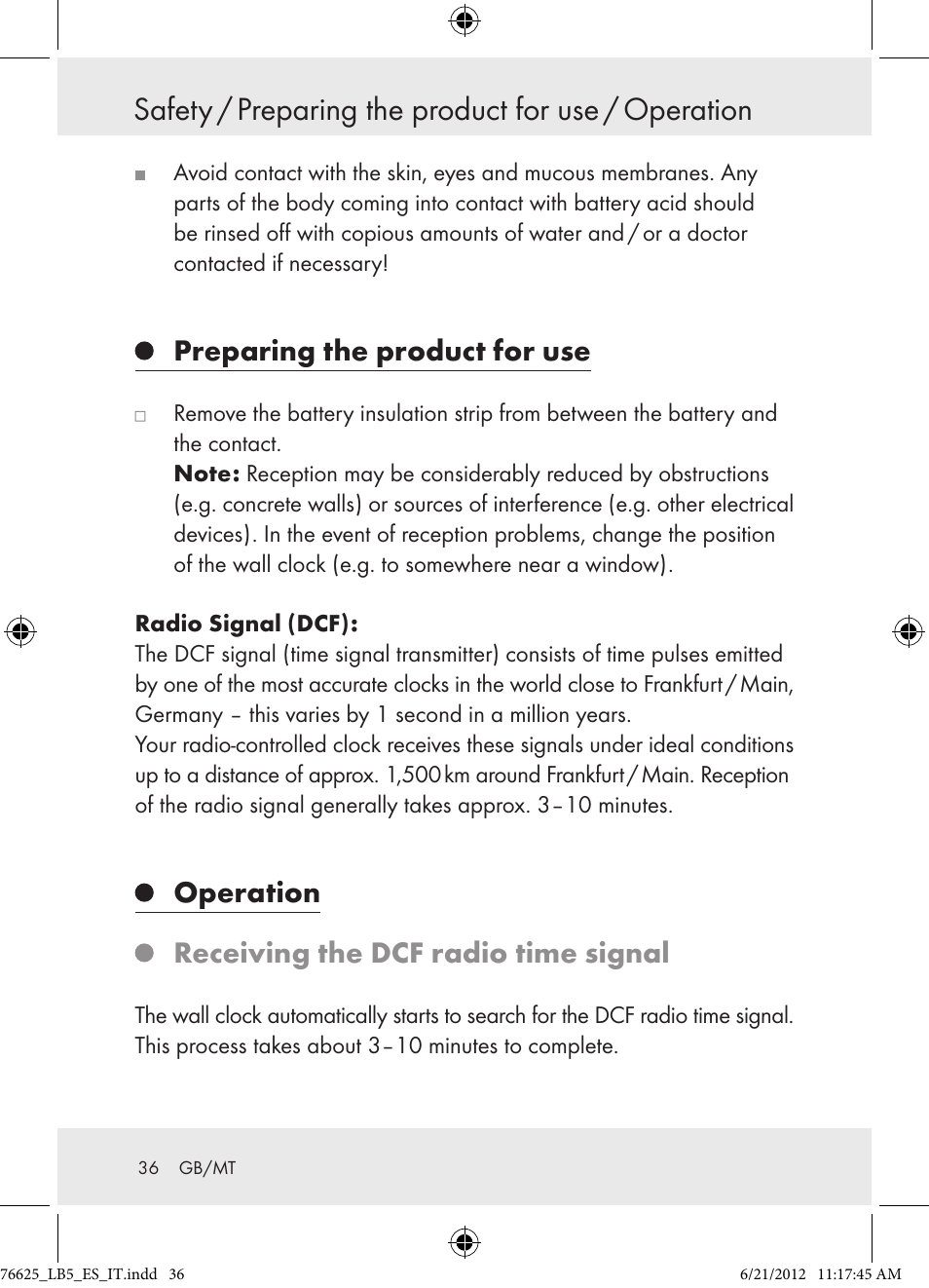 Safety / preparing the product for use / operation, Preparing the product for use, Operation receiving the dcf radio time signal | Auriol Z29955A User Manual | Page 36 / 51