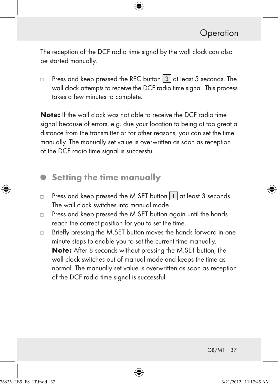 Operation, Setting the time manually | Auriol Z29955A User Manual | Page 37 / 51