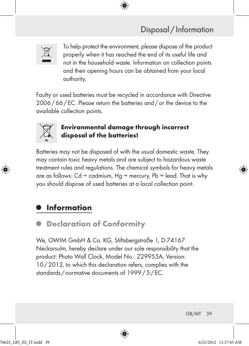 Disposal / information, Information declaration of conformity | Auriol Z29955A User Manual | Page 39 / 51