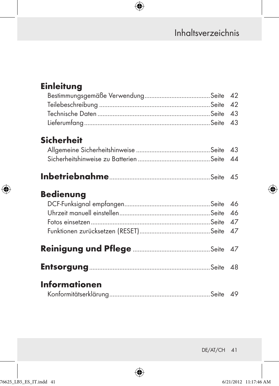 Inhalts�erzeichnis, Einleitung, Sicherheit | Inbetriebnahme, Bedienung, Reinigung und pflege, Entsorgung, Informationen | Auriol Z29955A User Manual | Page 41 / 51