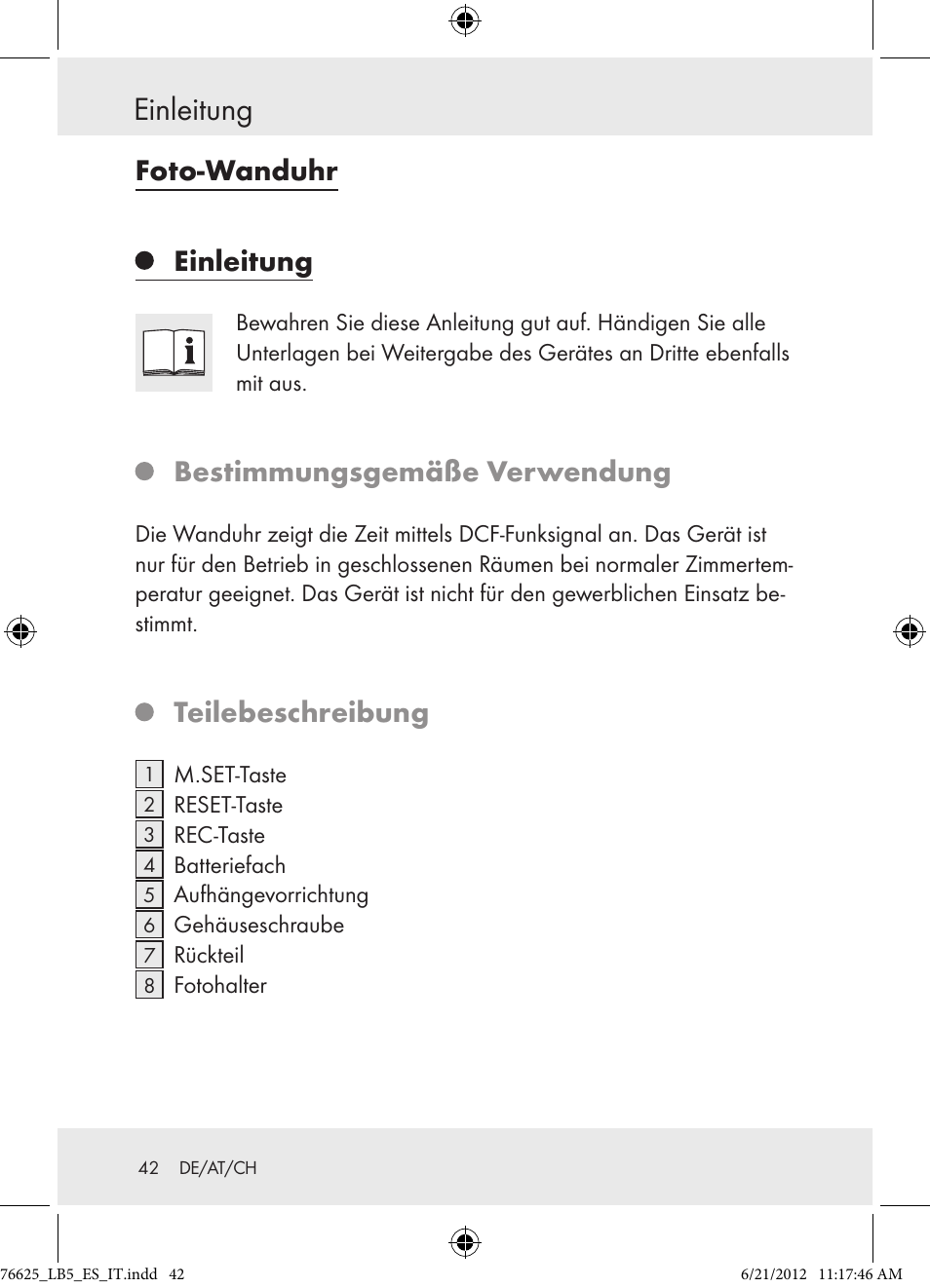 Einleitung, Foto-wanduhr, Bestimmungsgemäße verwendung | Teilebeschreibung | Auriol Z29955A User Manual | Page 42 / 51