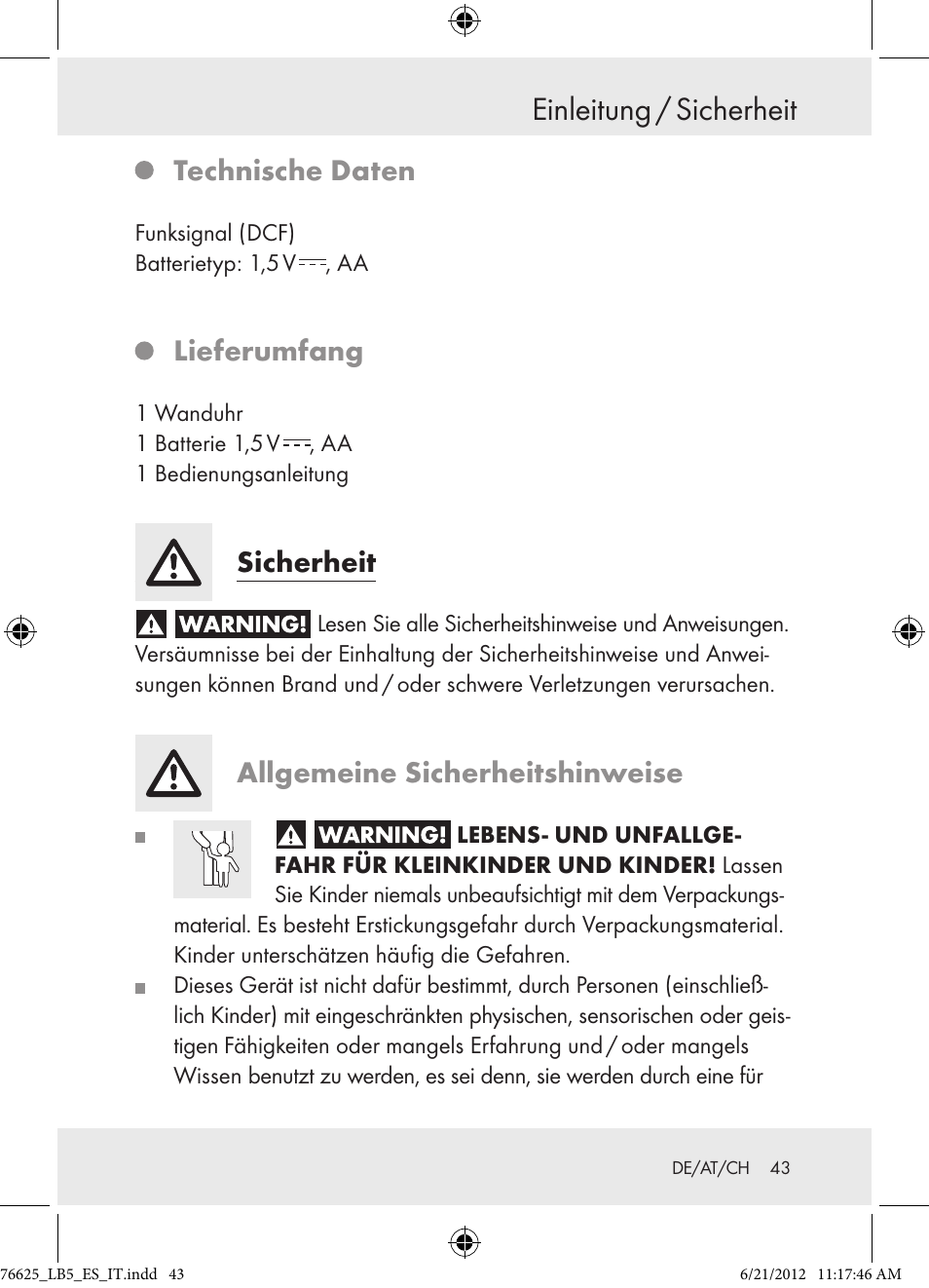 Einleitung / sicherheit, Technische daten, Lieferumfang | Sicherheit, Allgemeine sicherheitshinweise | Auriol Z29955A User Manual | Page 43 / 51
