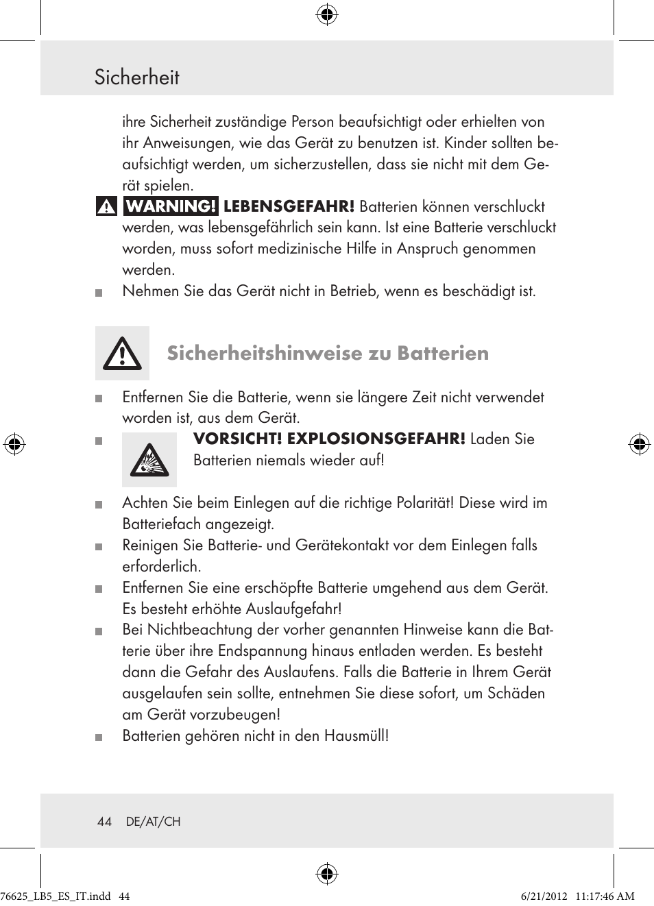 Sicherheit, Sicherheitshinweise zu batterien | Auriol Z29955A User Manual | Page 44 / 51