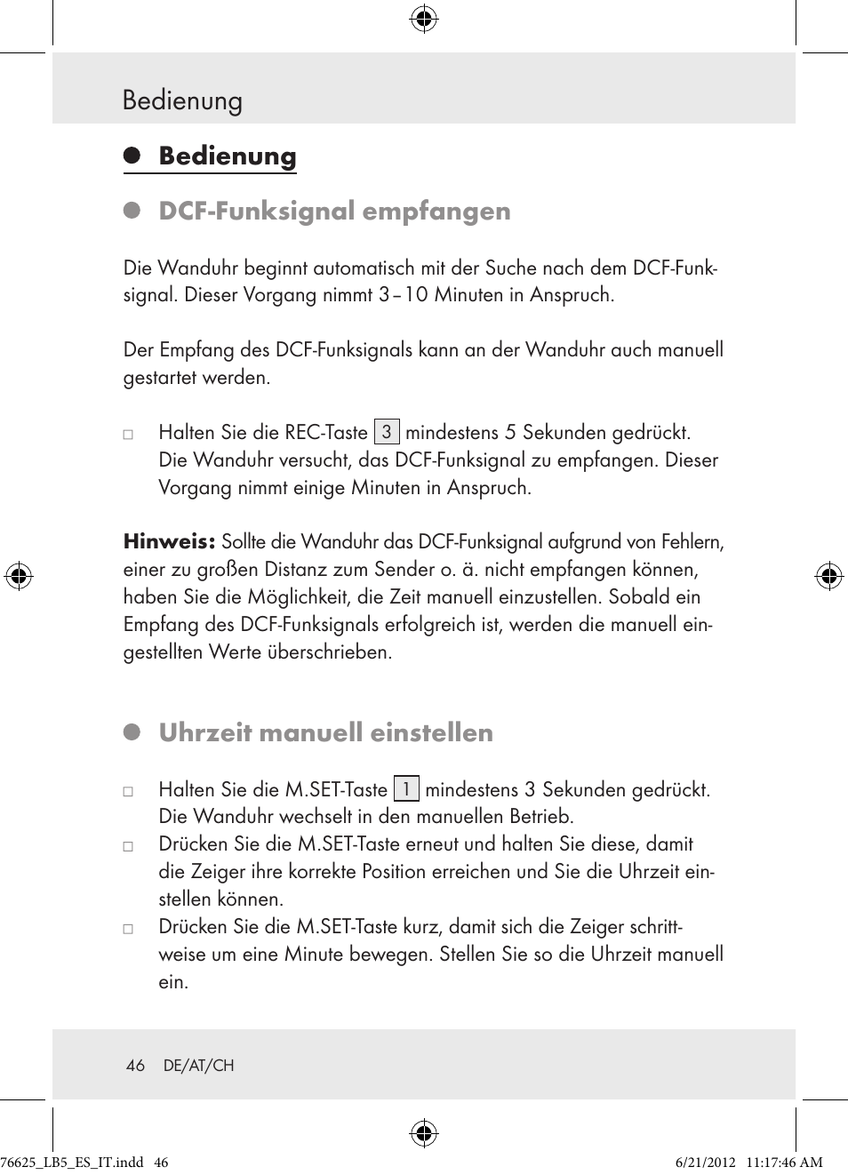 Bedienung, Bedienung dcf-funksignal empfangen, Uhrzeit manuell einstellen | Auriol Z29955A User Manual | Page 46 / 51