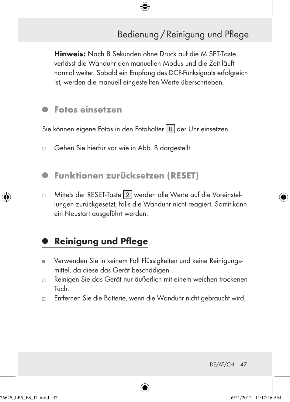 Bedienung / reinigung und pflege, Fotos einsetzen, Funktionen zurücksetzen (reset) | Reinigung und pflege | Auriol Z29955A User Manual | Page 47 / 51