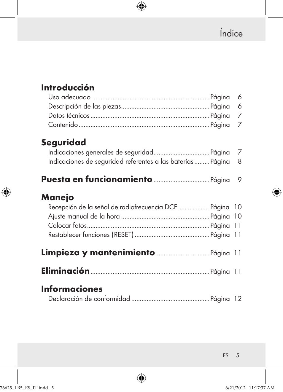 Índice, Introducción, Seguridad | Puesta en funcionamiento, Manejo, Limpieza y mantenimiento, Eliminación, Informaciones | Auriol Z29955A User Manual | Page 5 / 51