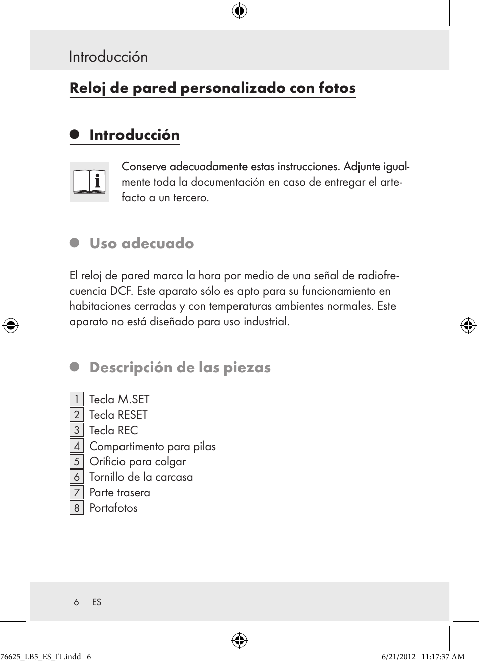 Introducción, Reloj de pared personalizado con fotos, Uso adecuado | Descripción de las piezas | Auriol Z29955A User Manual | Page 6 / 51
