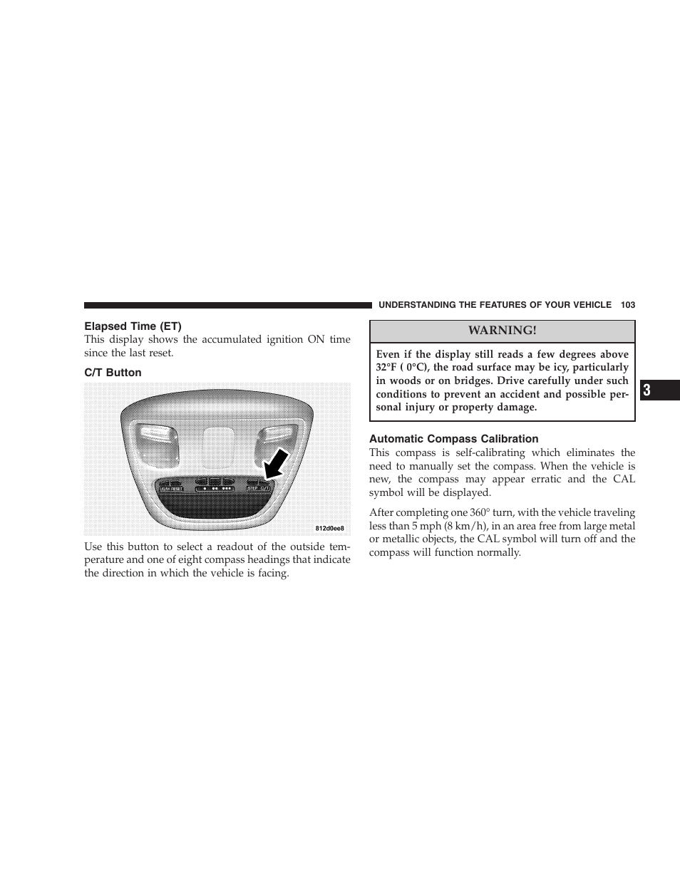 Elapsed time (et), C/t button, Automatic compass calibration | Dodge 2004 Ram SRT-10 User Manual | Page 103 / 302