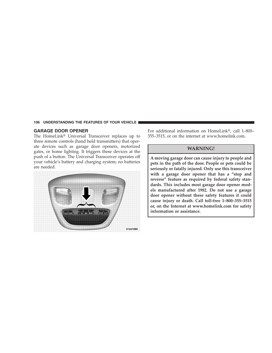 Garage door opener | Dodge 2004 Ram SRT-10 User Manual | Page 106 / 302