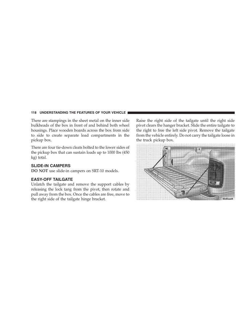 Slide-in campers, Easy-off tailgate | Dodge 2004 Ram SRT-10 User Manual | Page 118 / 302