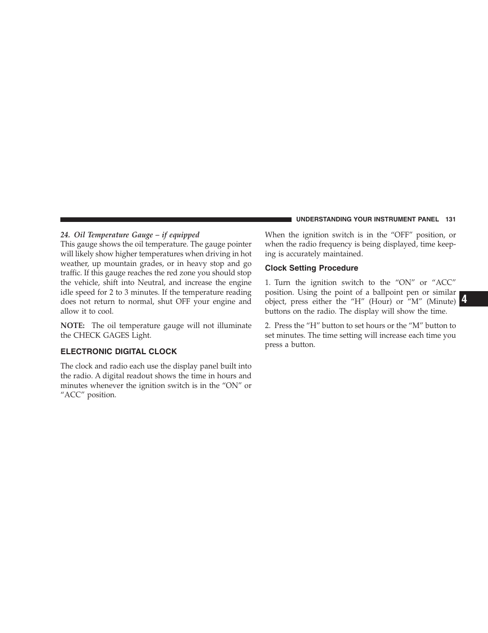 Electronic digital clock, Clock setting procedure | Dodge 2004 Ram SRT-10 User Manual | Page 131 / 302