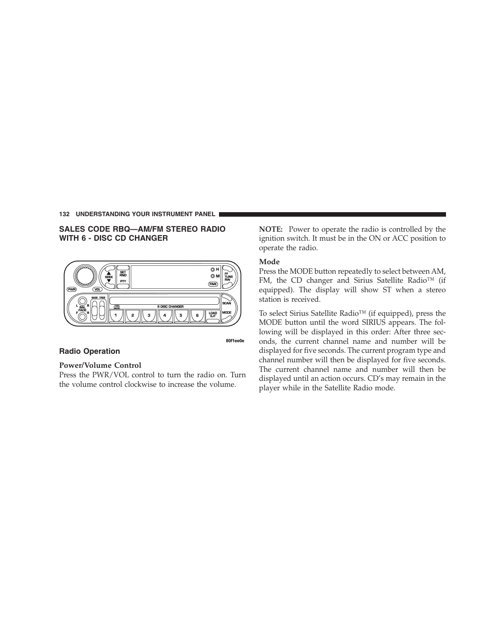 Sales code rbq—am/fm stereo radio with, 6 - disc cd changer, Radio operation | Dodge 2004 Ram SRT-10 User Manual | Page 132 / 302