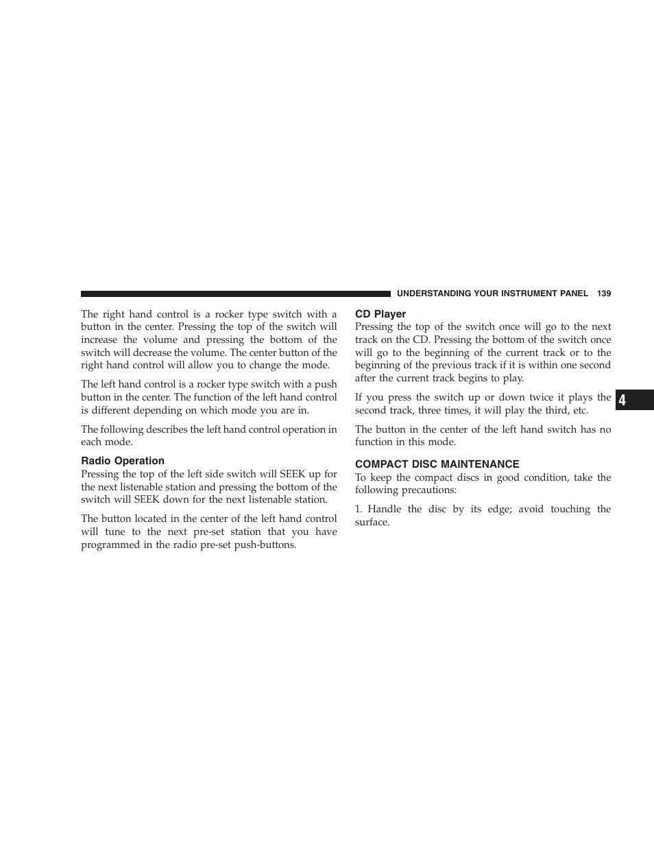 Radio operation, Cd player, Compact disc maintenance | Dodge 2004 Ram SRT-10 User Manual | Page 139 / 302