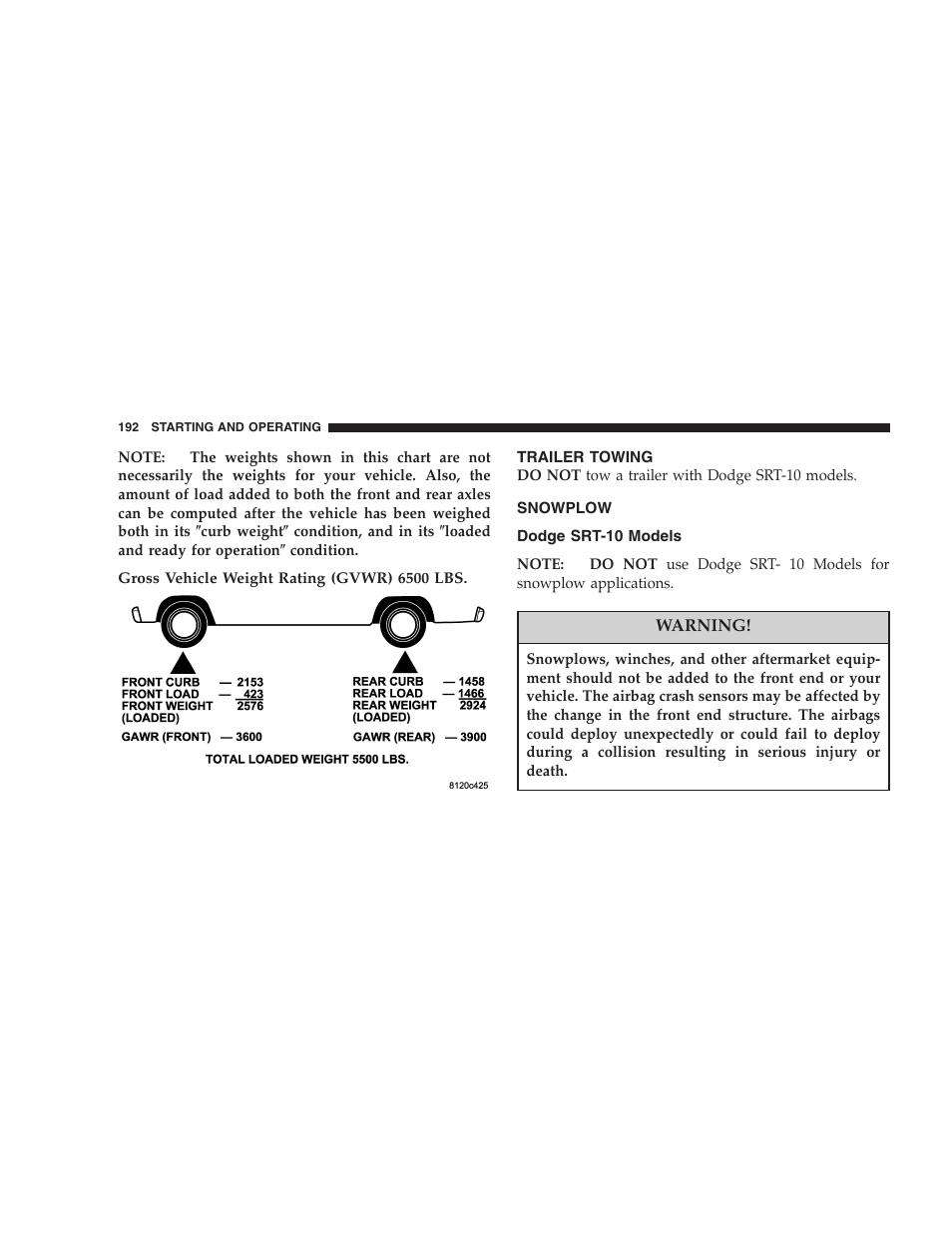 Trailer towing, Snowplow, Dodge srt-10 models | Dodge 2004 Ram SRT-10 User Manual | Page 192 / 302