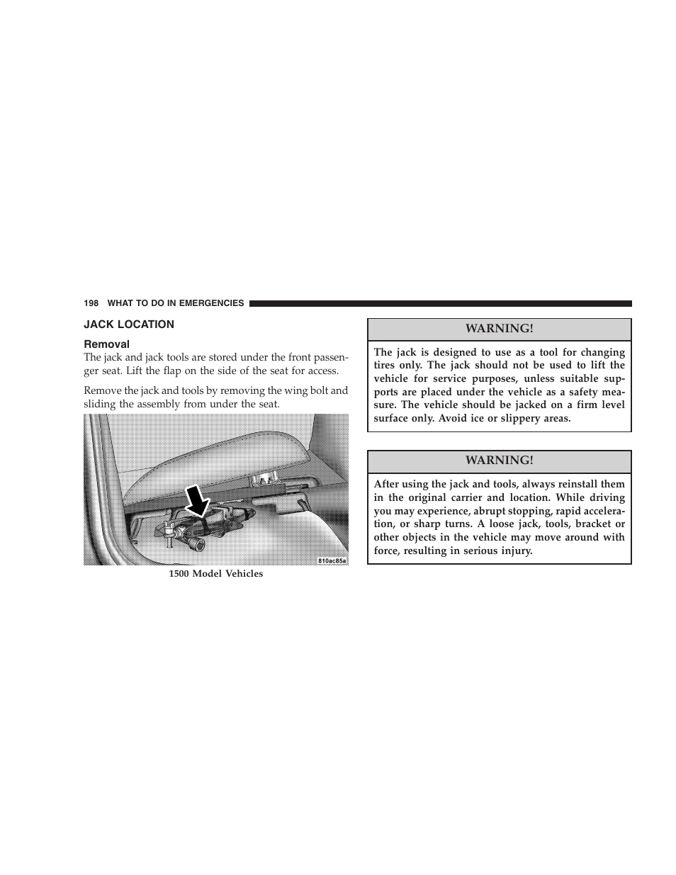 Jack location, Removal | Dodge 2004 Ram SRT-10 User Manual | Page 198 / 302