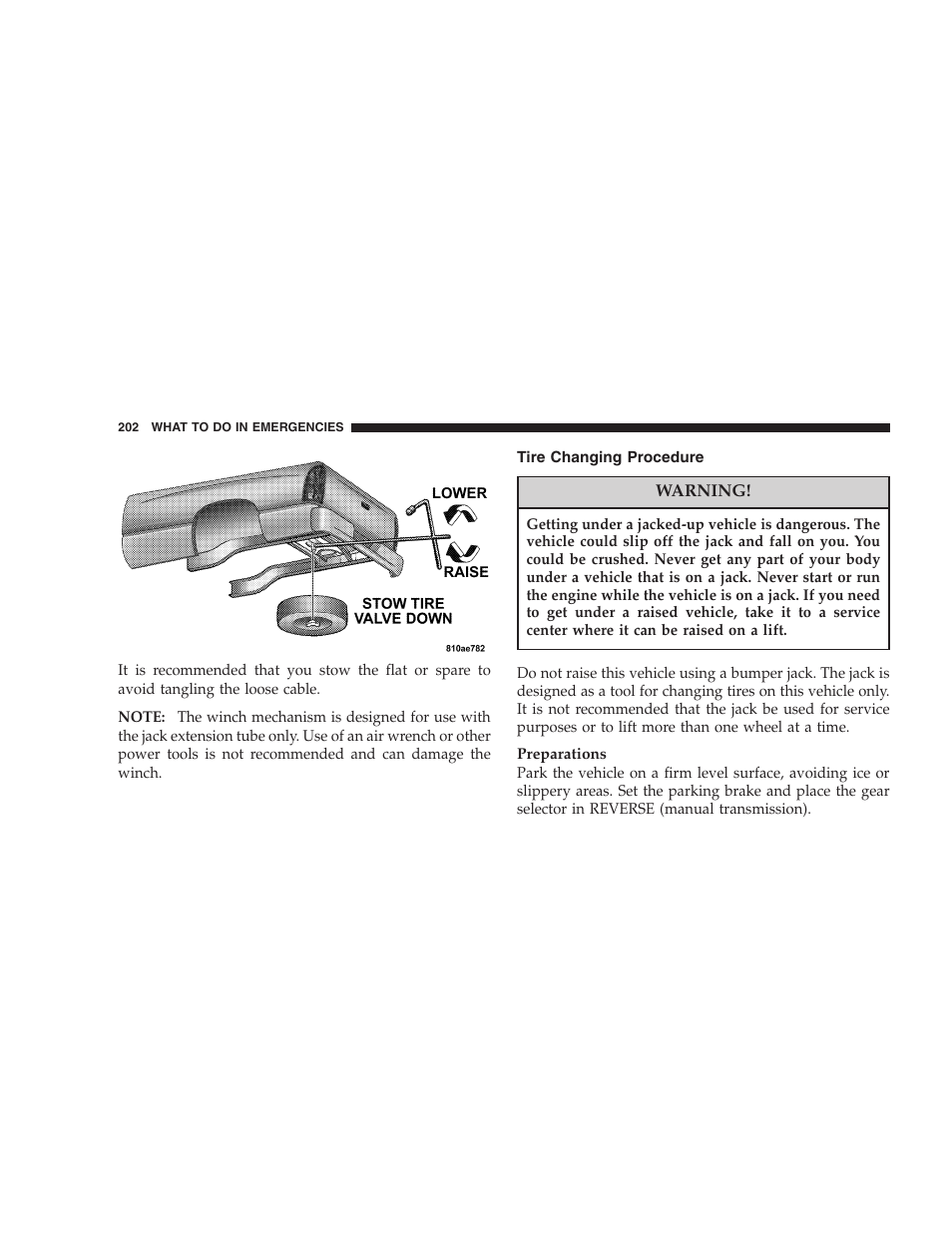Tire changing procedure | Dodge 2004 Ram SRT-10 User Manual | Page 202 / 302